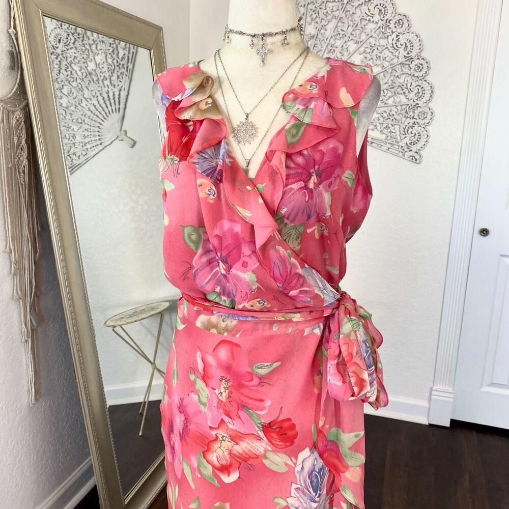 Ralph Lauren Cottage Core Pink Floral Silk Ruffle Frilly Wrap Midi Dress 8 / M - Picture 2 of 7